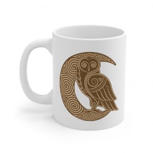 Gold Celtic Owl Moon 11oz White Mug