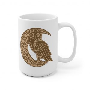 Gold Celtic Owl Moon 15oz White Mug