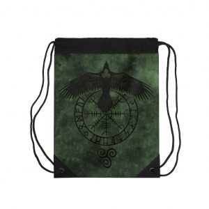 Green Runic Raven Drawstring Bag