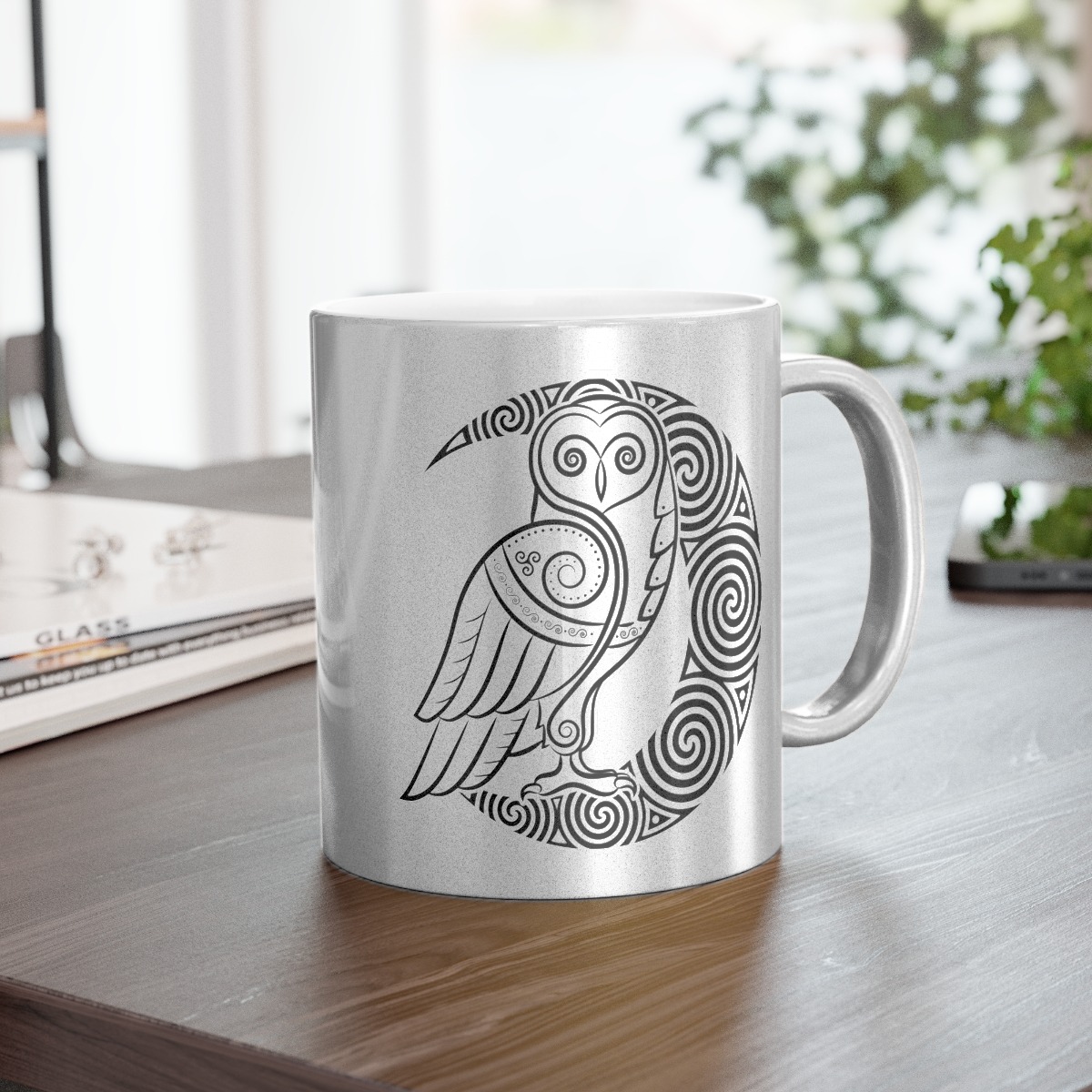 Owl Crescent Moon Metallic Mug