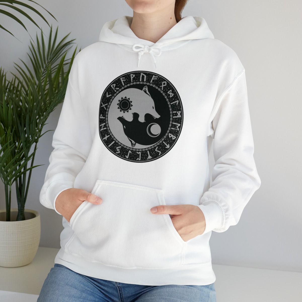 Gray Runic Wolves Yin-Yang Pullover Hoodie