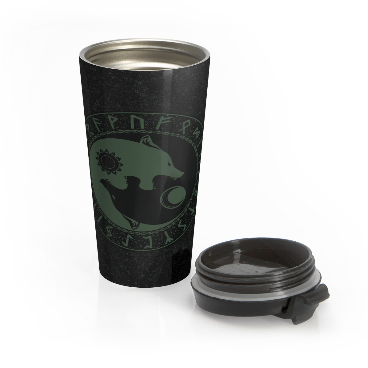 Forest Green Runic Wolves Yin-Yang Steel Travel Mug
