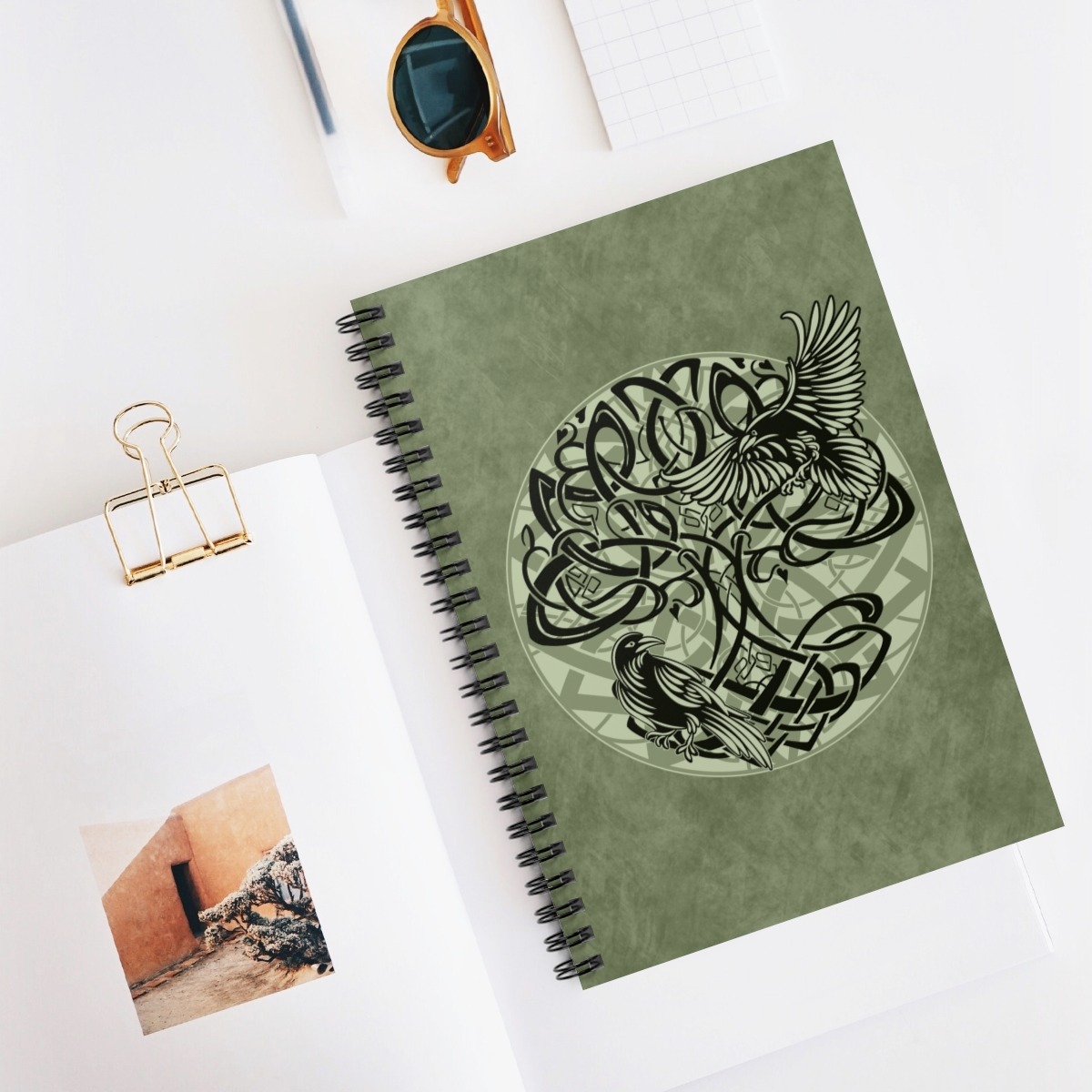 Green Yggdrasil Ravens Spiral Notebook