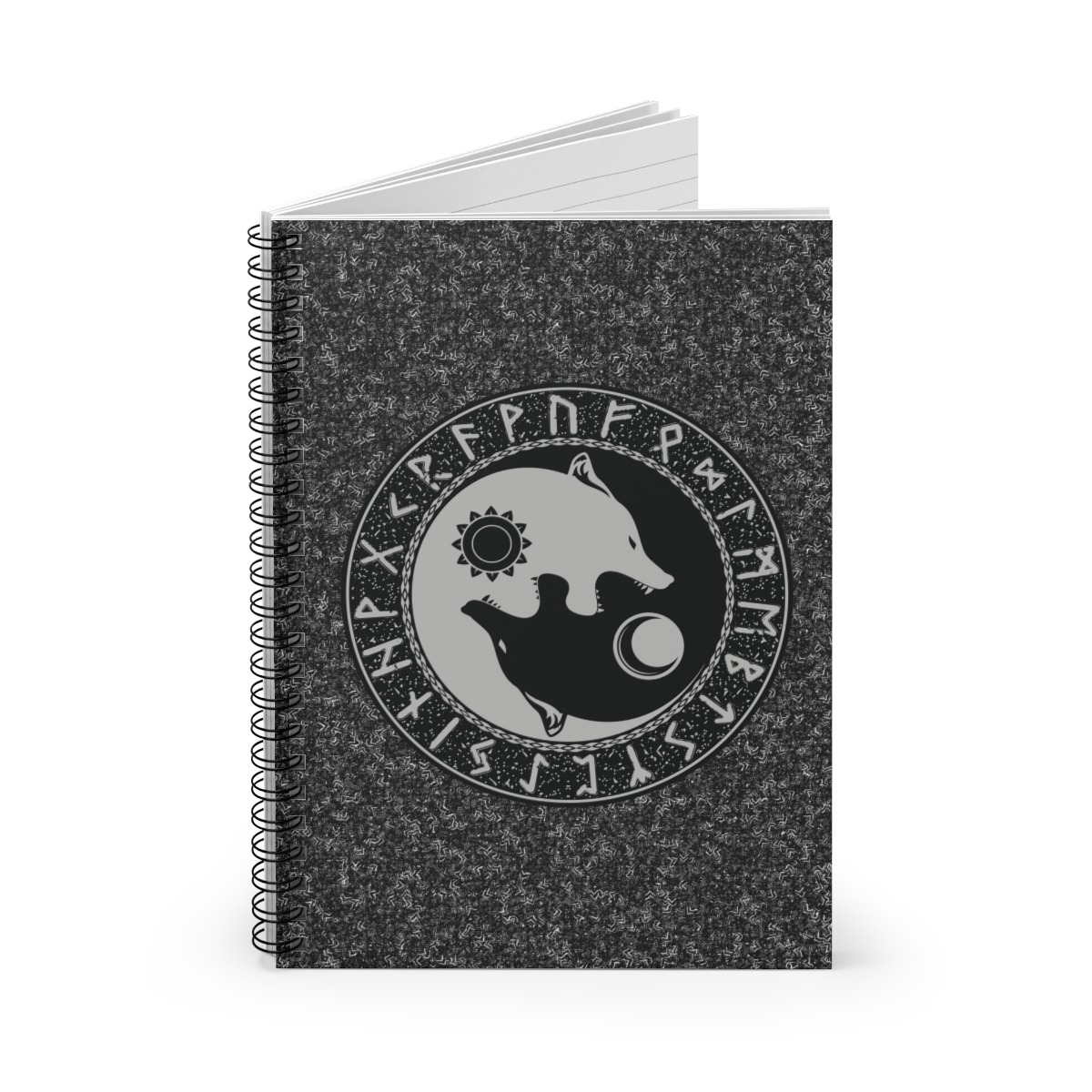 Gray Runic Wolves Yin-Yang Spiral Notebook