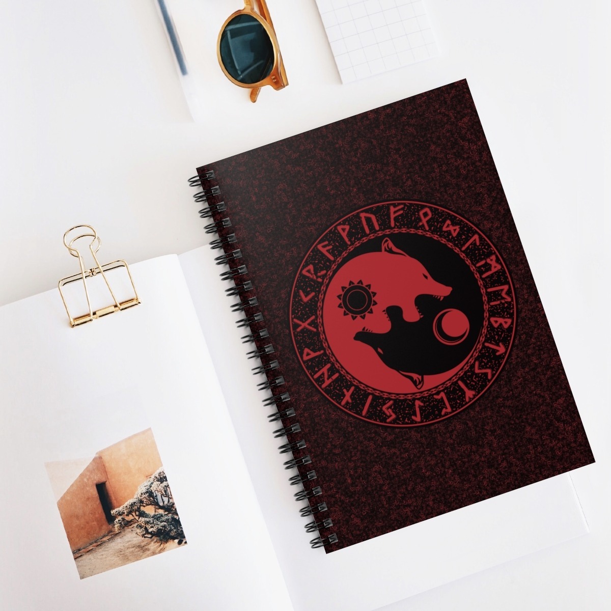 Red Runic Wolves Yin-Yang Spiral Notebook