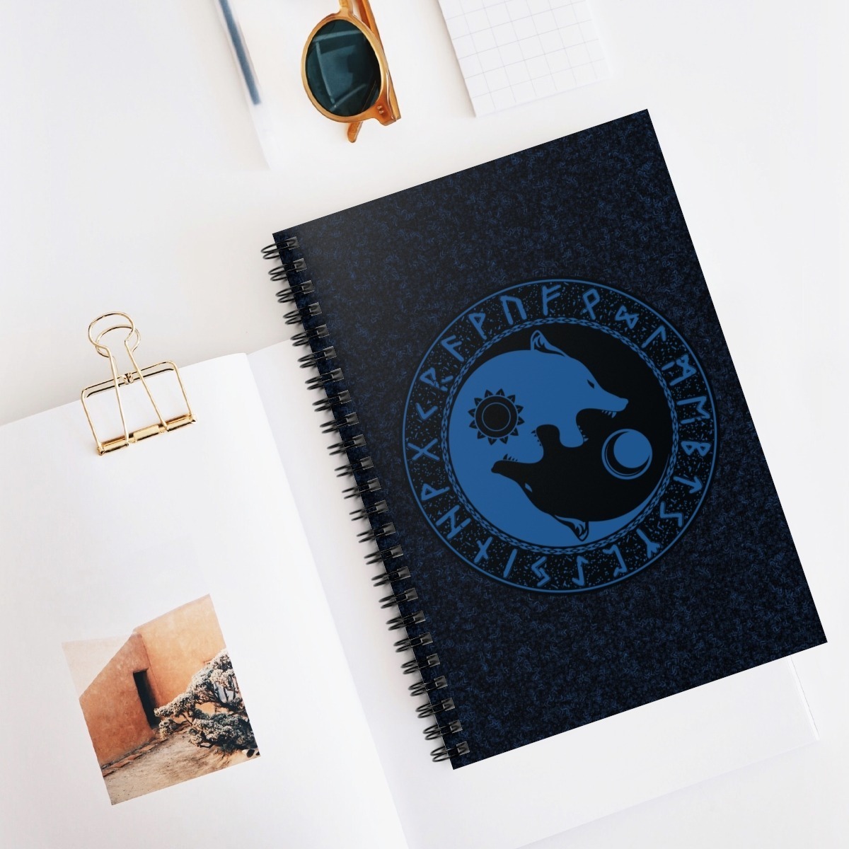 Royal Blue Runic Wolves Yin-Yang Spiral Notebook