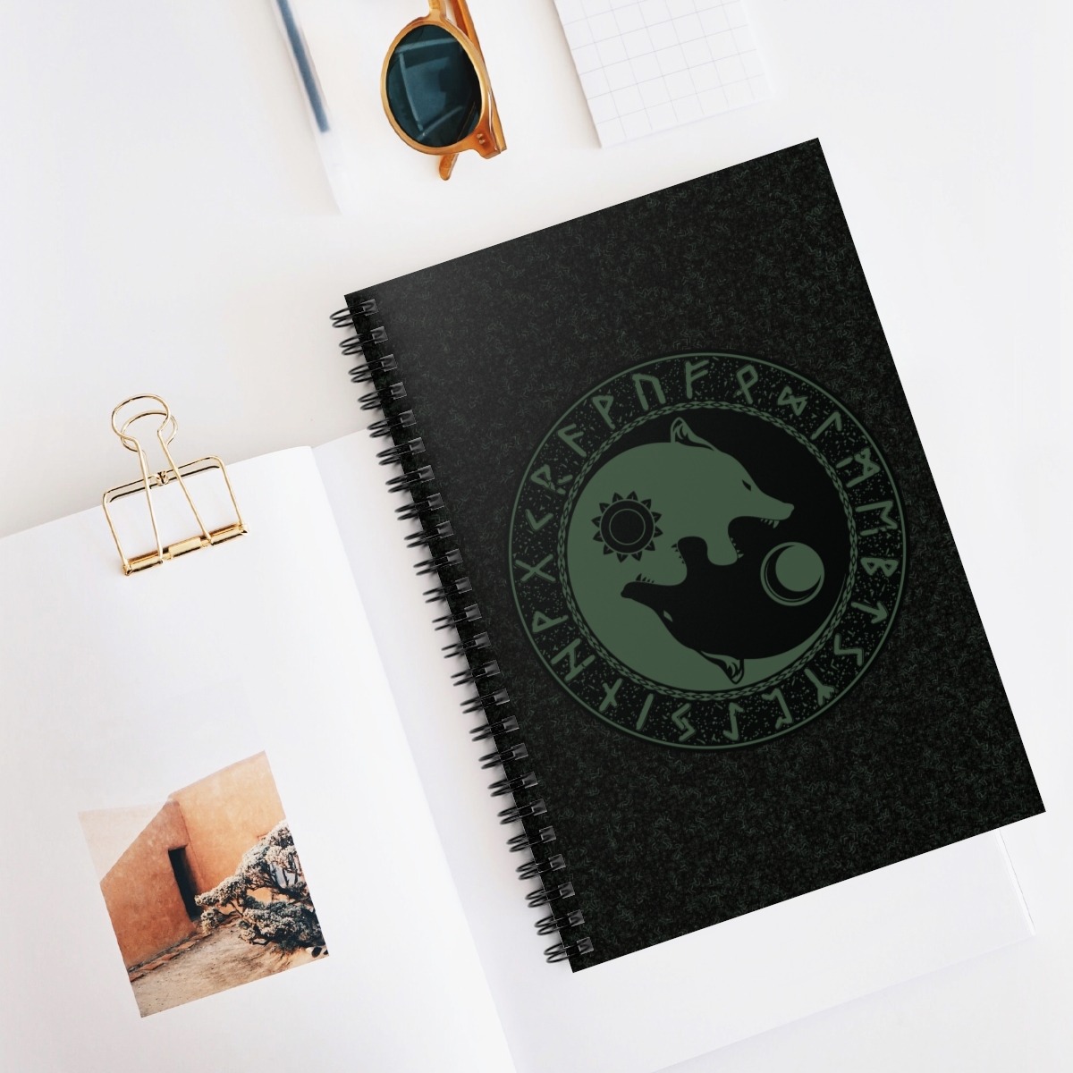 Forest Green Runic Wolves Yin-Yang Spiral Notebook