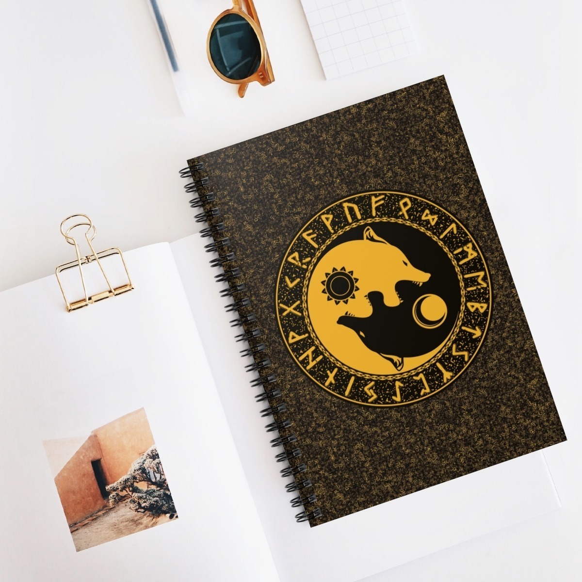 Yellow Runic Wolves Yin-Yang Spiral Notebook