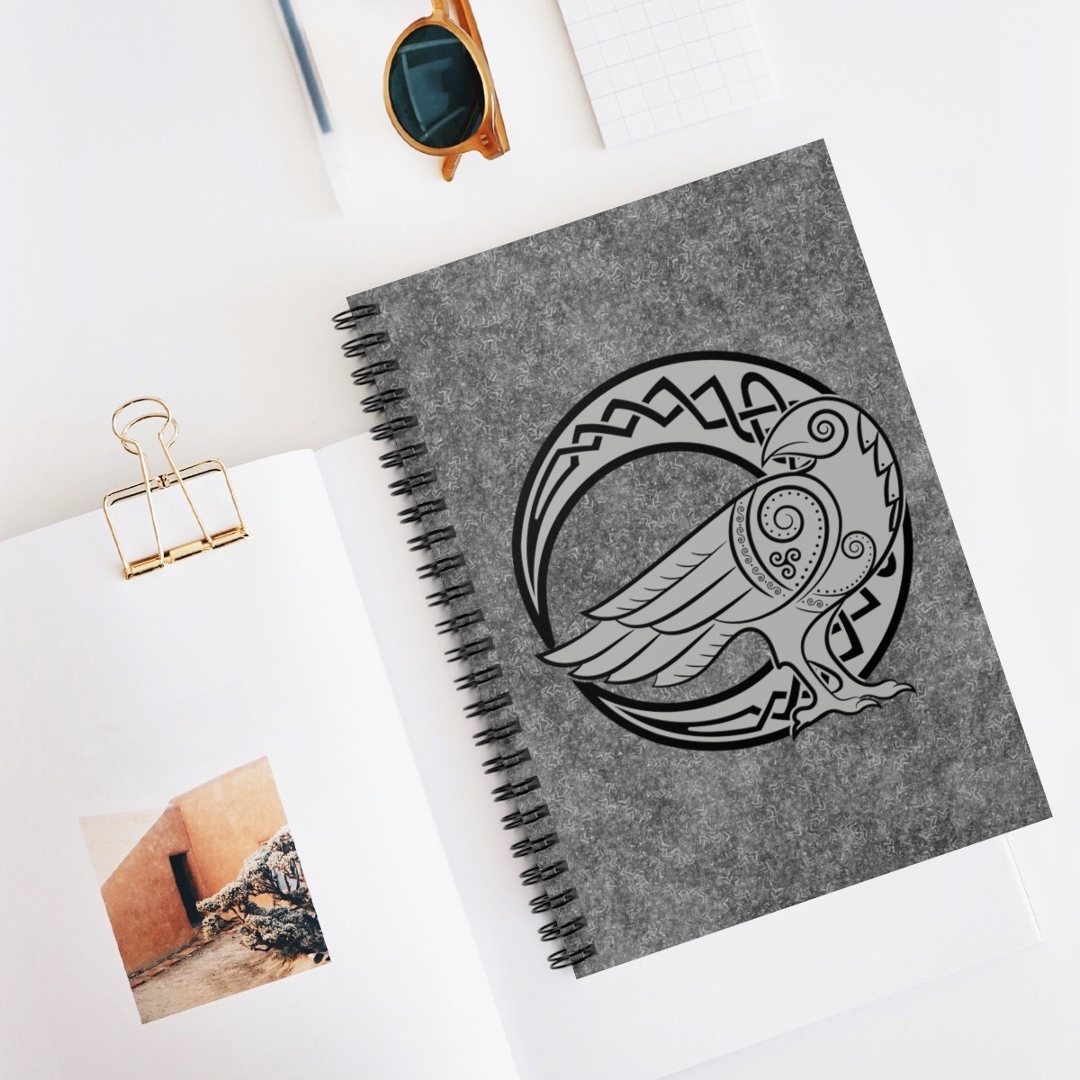 Gray Raven Crescent Moon Ruled Line Spiral Notebook