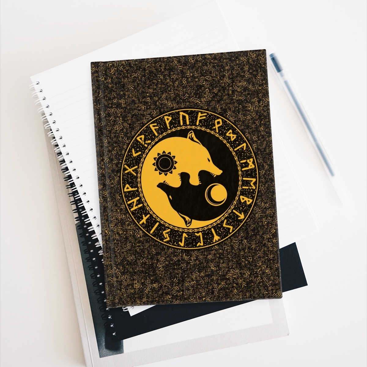 Yellow Runic Wolves Yin-yang Journal – Ruled Line