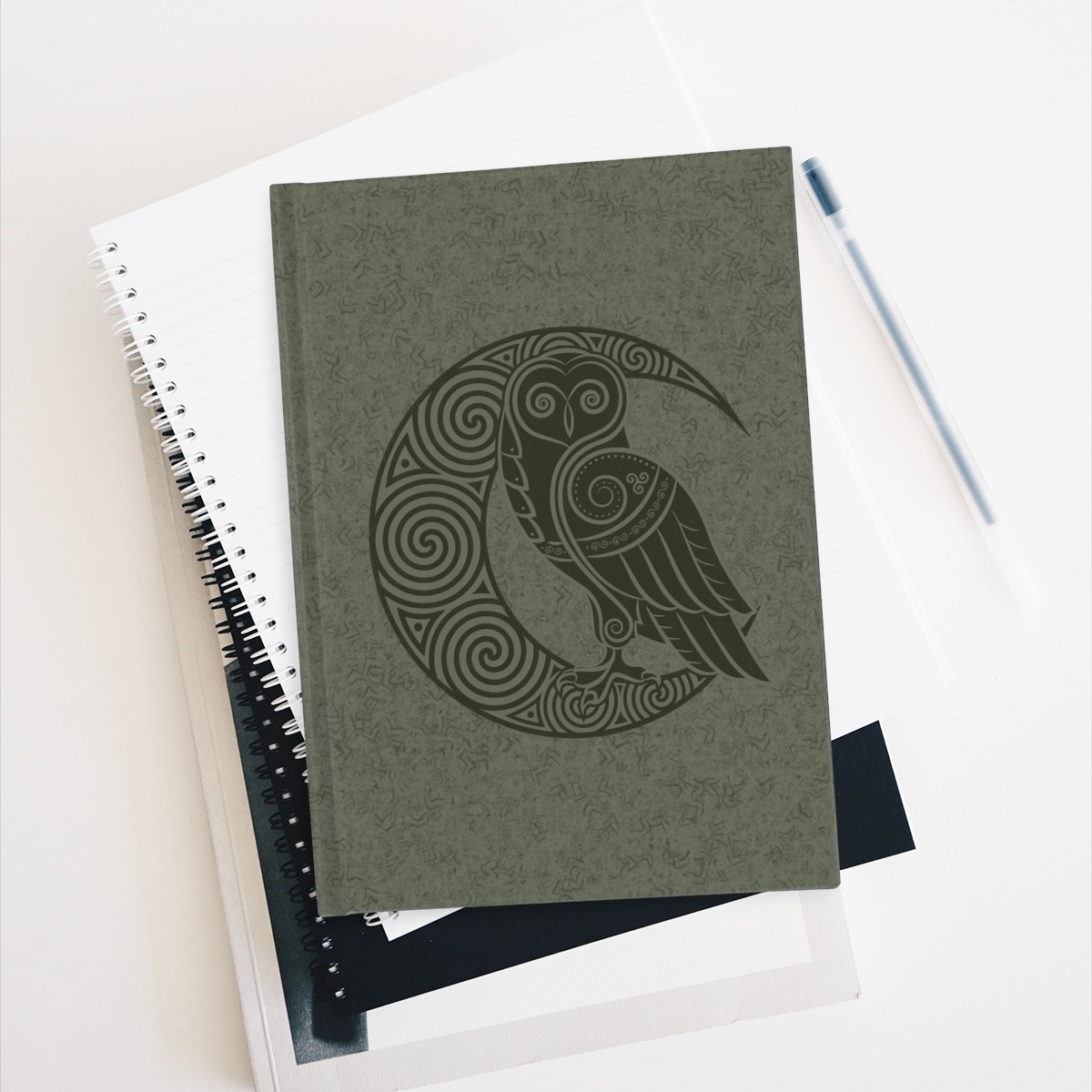 Green Celtic Owl Moon Ruled Line Hardcover Journal