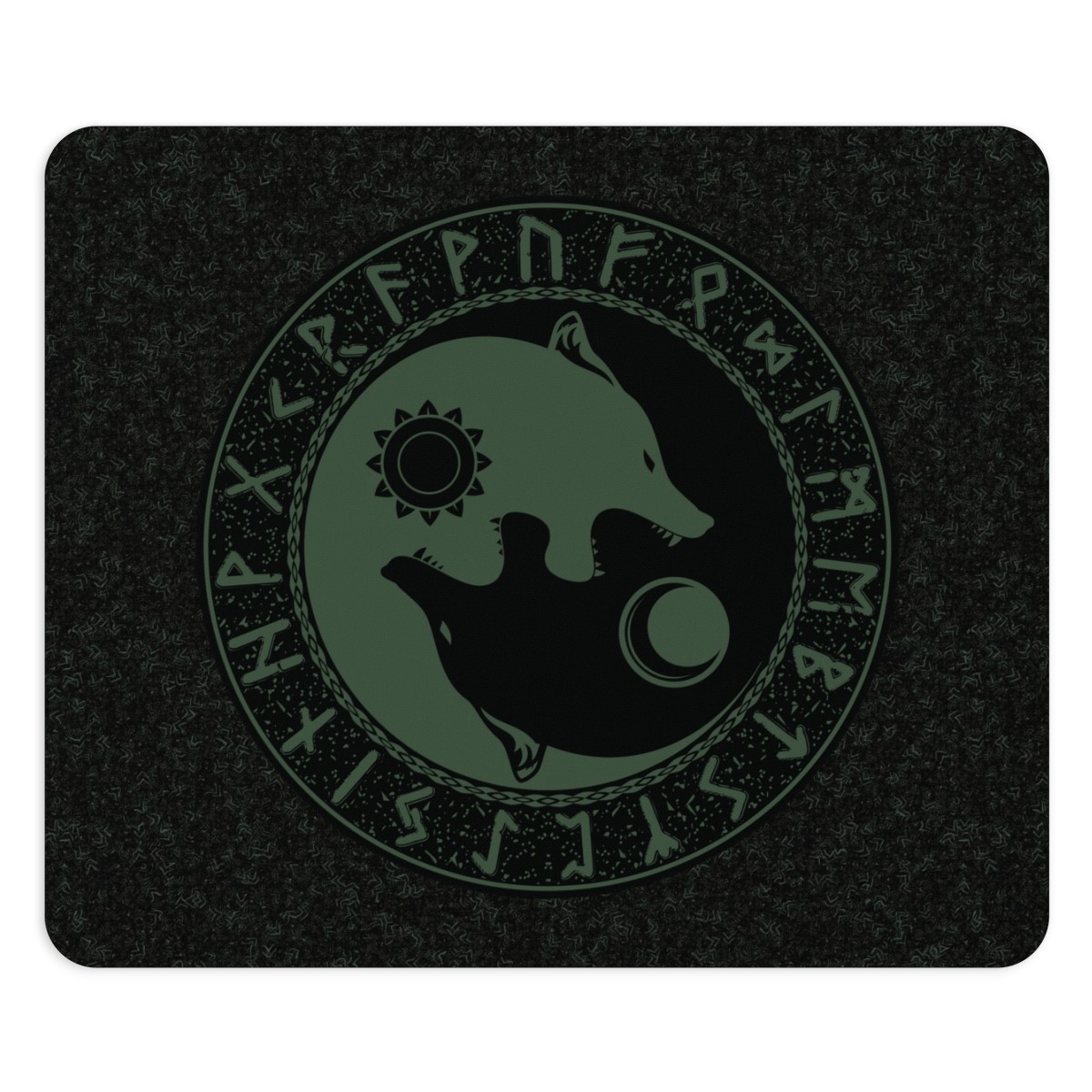 Forest Green Runic Wolves Yin-Yang Mouse Pad