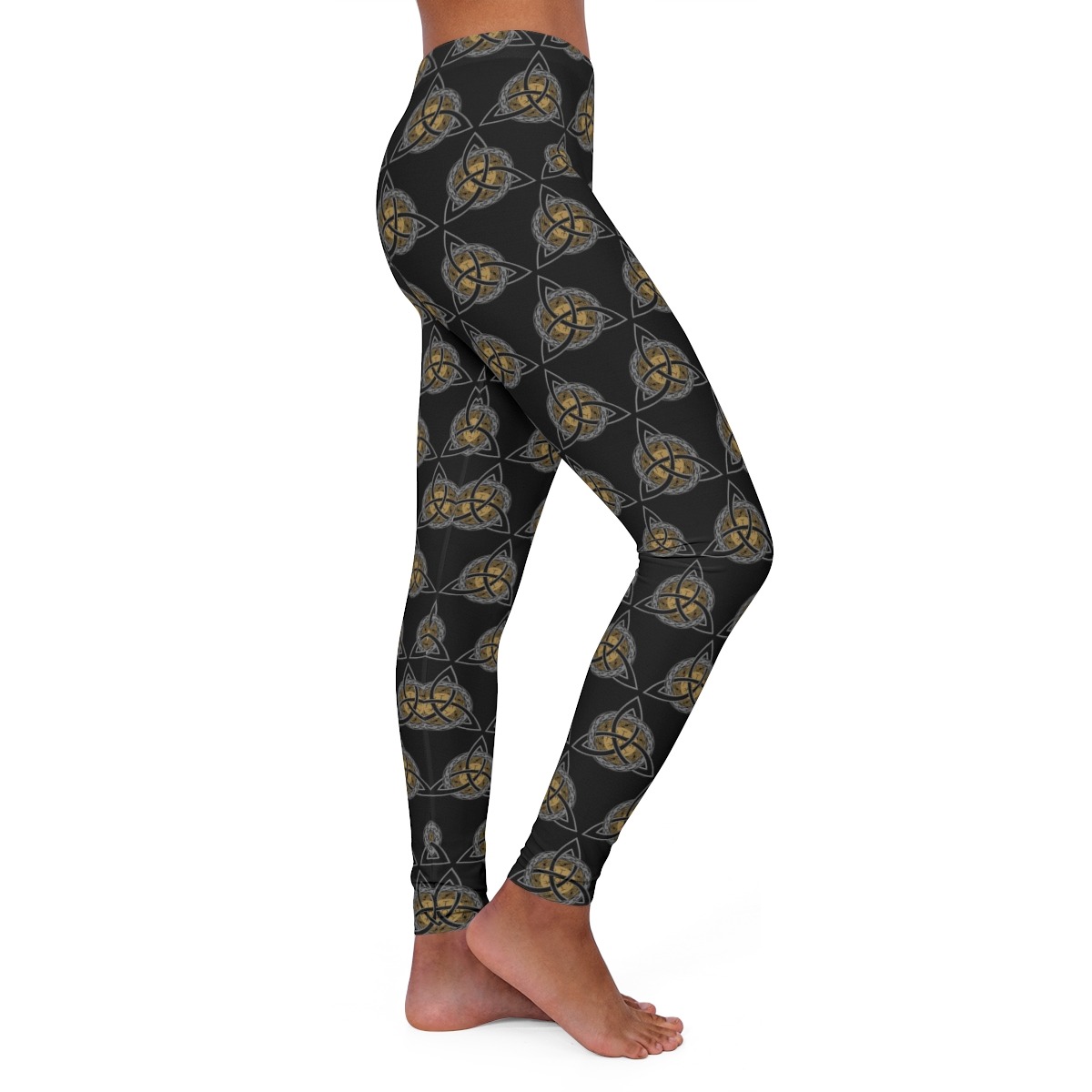 Gray & Gold Triquetra Vegvisir Pattern Women's Spandex Leggings