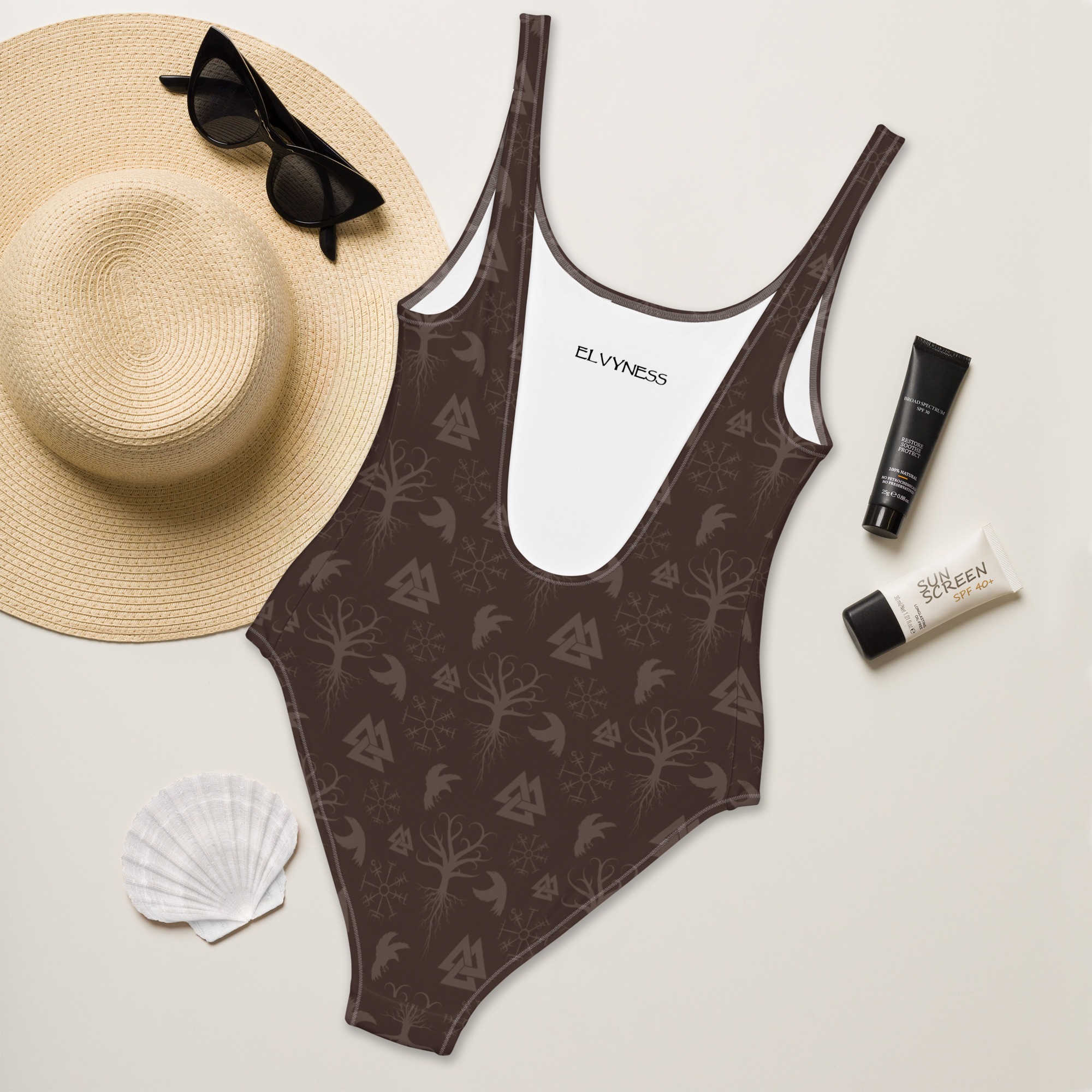 Brown Norse Symbols One-Piece Swimsuit