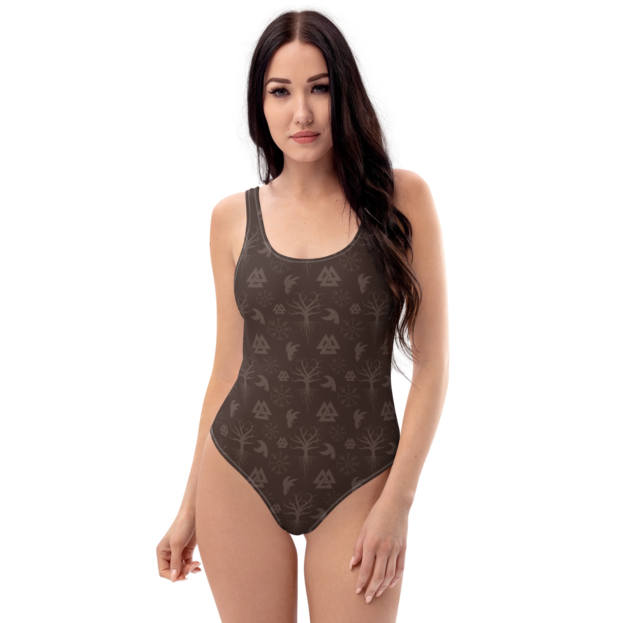 Brown Norse Symbols One-Piece Swimsuit