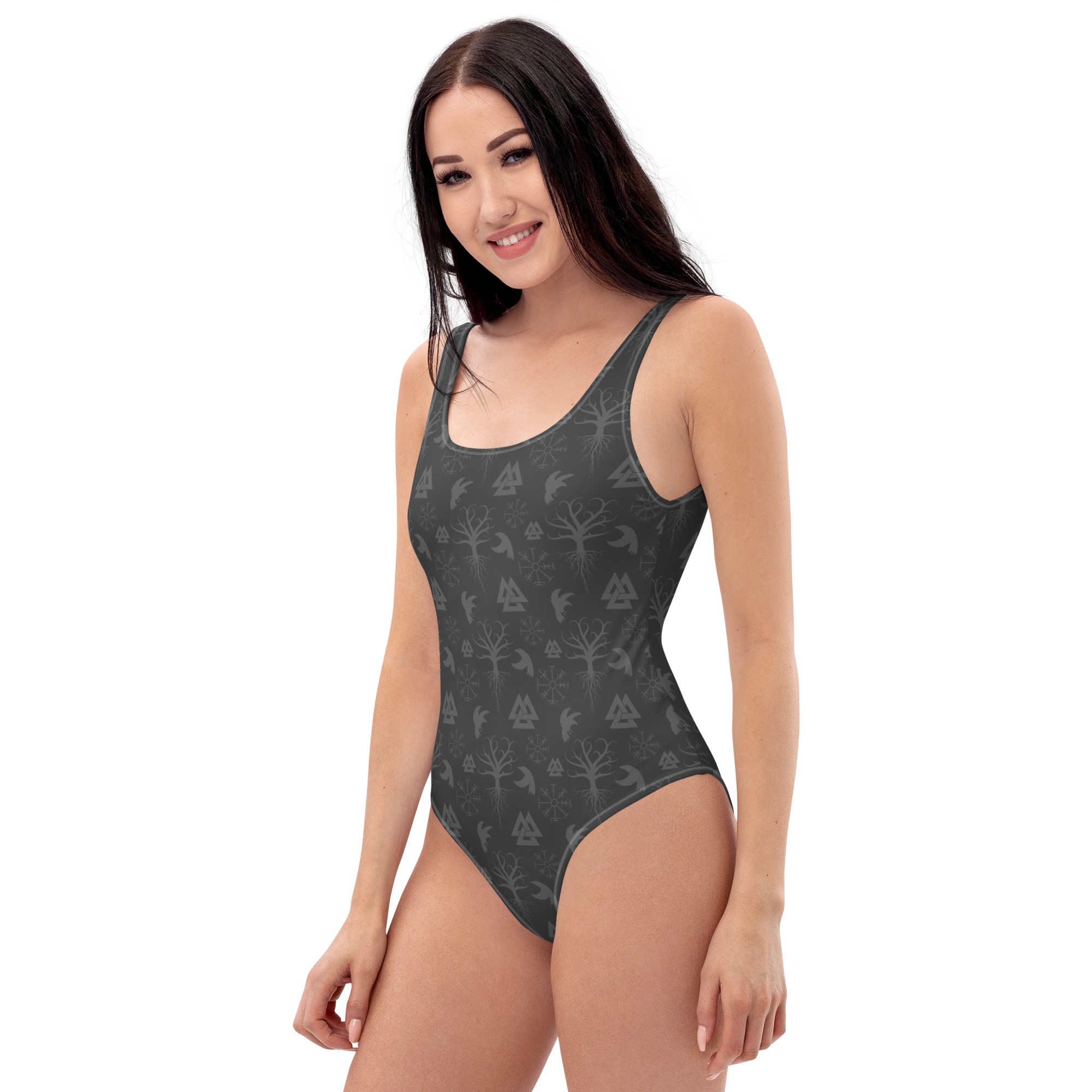 Gray Norse Symbols One-Piece Swimsuit