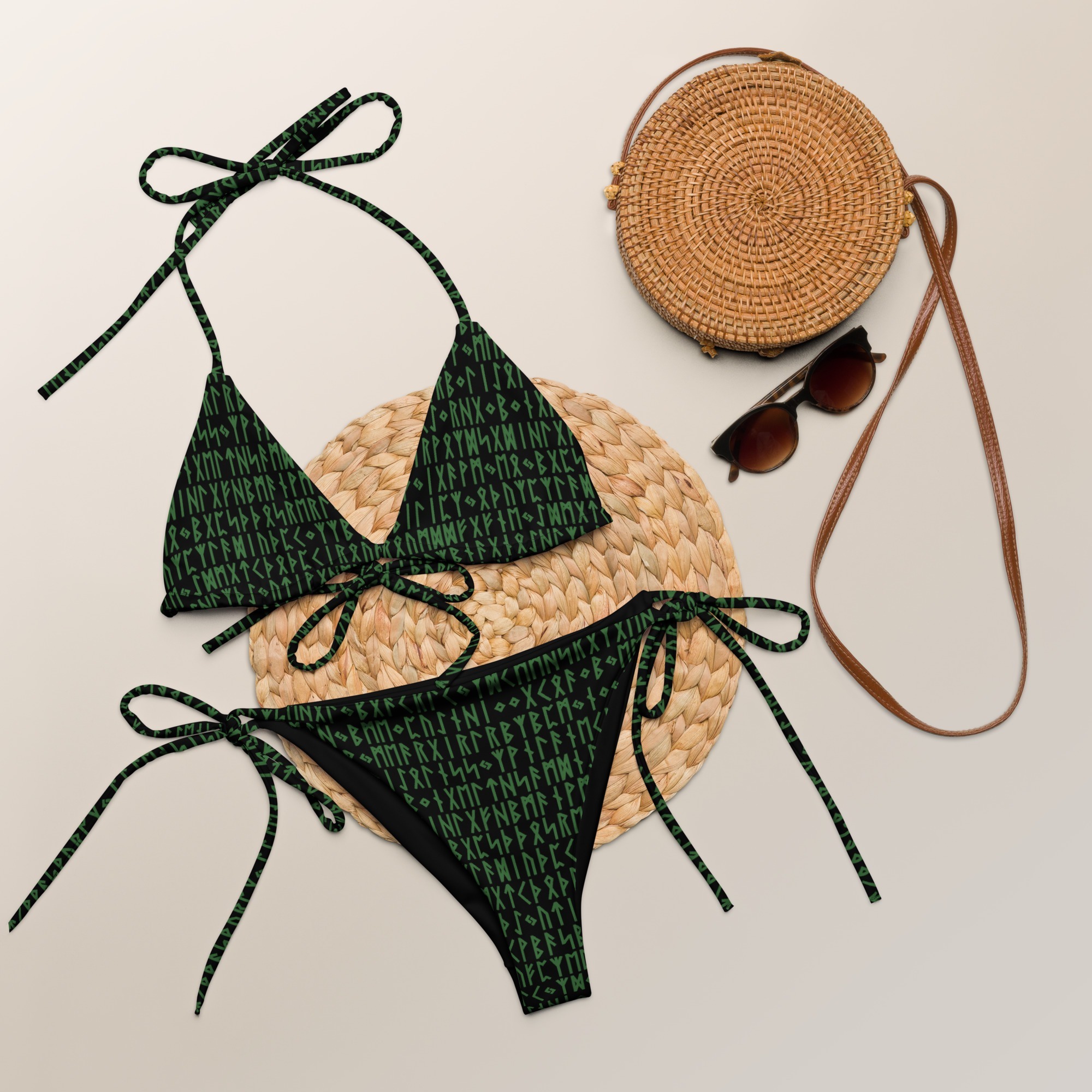 Black & Green Elder Futhark Runes String Bikini